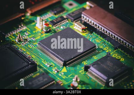 Computer circuit board closeup. CPU, central processing unit, electronic components and wiring Stock Photo