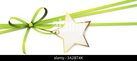 EPS 10 vector illustration of green colored ribbon bow and gift band with shape of a golden star pendant for christmas greetings isolated on white bac Stock Vector