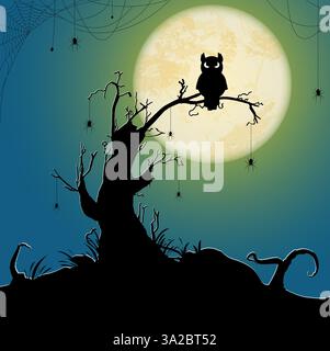 spooky dark owl sitting on a dead tree in front of a full moon with other scary illustrated elements for Halloween party background layouts Stock Vector