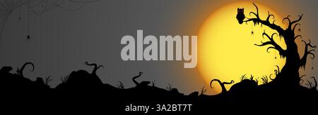 eps vector file, spooky dark owl sitting on a dead tree in front of a full moon with other scary illustrated elements for Halloween party background l Stock Vector