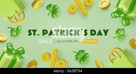 St. Patricks Day sale banner with 3d realistic shamrock coins green shopping bag and gift box Stock Vector