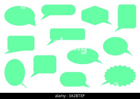 Green speech bubble set in various shapes isolated on white background. Blank chat balloons collection for design and communication concept. Stock Vector