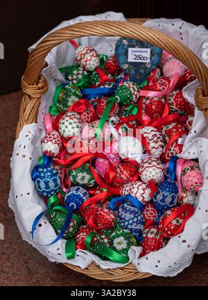 Colorful handmade easter eggs for sale in a shop in Budapest, Hungary. Stock Photo