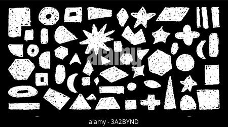 Set of abstract geometric basic shapes drawn with pastel white color or charcoal. Hand drawn paint quote frame collection. Empty monochrome speech Stock Vector