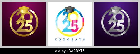 Set of awarded round symbols. Educational winner 2025 medal design. Golden, silver and colourful concept. Graduating congrats. Class of 2025 Stock Vector