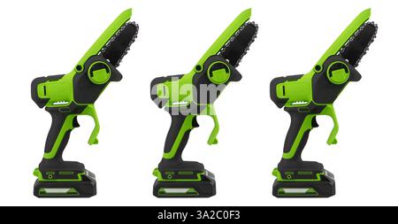 Cordless electric pruning saw with Li-Ion battery for gadening. Pruning saw isolated on white background. Handheld lithium battery powered chainsaw Stock Photo