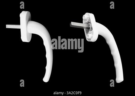 Window handle for opening closing and operating patio doors and insulated glass windows on black background. Window handle isolated. Stock Photo