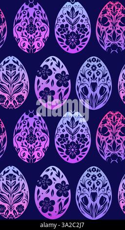 Neon vector seamless pattern with gradient Easter egg in folk art style on violet background. Texture with tracery decorative holiday eggs. Spring Stock Vector