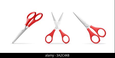3D set of scissors with red plastic handles Stock Vector