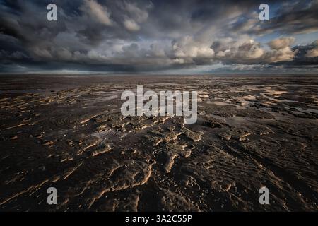A seascape image of the Waddenzee with storm clouds in the sky and structures of the mudflats in the foreground. Stock Photo