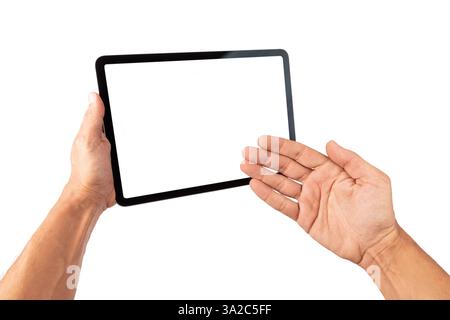 Male hands showing a digital tablet blanc screen isolated on white background Stock Photo