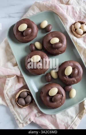 sweet home made easter chocolate donuts Stock Photo