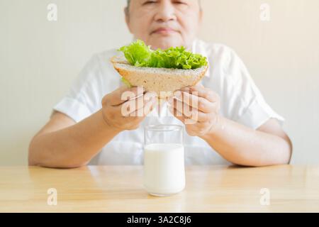 Shot view of senior woman sitting in the kitchen with glass of milk and holding a healthy sandwich. Selective focus. Stock Photo