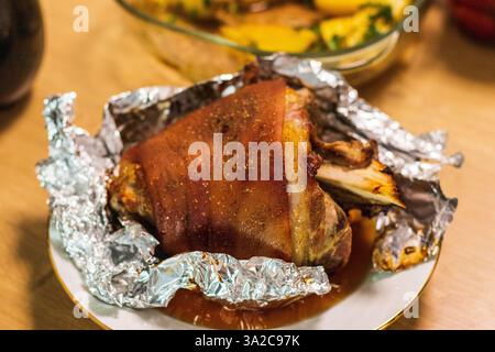 Close up shot of the roasted pork knuckle Stock Photo