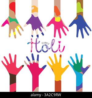 Happy Holi Festival Poster with Colorful Painted Hands and White Background Stock Vector