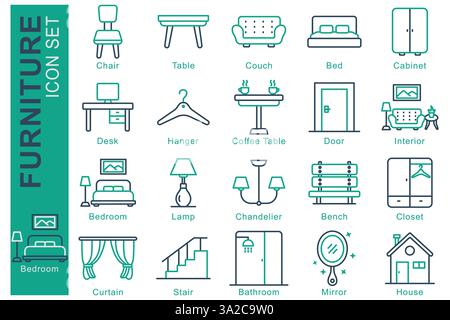 Furniture icon set. line icon style. containing icon bedroom, chandelier, chair and more. interior element vector illustration Stock Vector