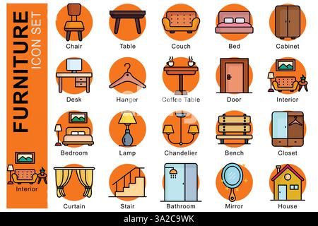Furniture icon set. colored outline icon style. containing icon bedroom, chandelier, chair and more. interior element vector illustration Stock Vector