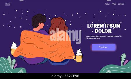 Couple wrapped in blanket stargazing at night with hot drinks starry sky purple background plants digital design website template Stock Vector