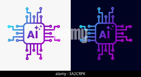 A blue and purple computer chip icon on a white and black background Stock Vector