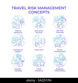Travel risk management blue gradient concept icons Stock Vector