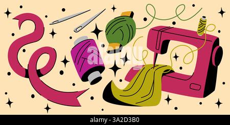 Sewing accessories cartoon vector set. Colorful curly threads, pincushion with pins, assorted buttons, thimble and yarn spool, sewing machine and scissors for handicraft needlework or tailoring design Stock Vector