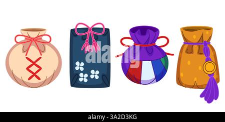 Chinese tradition lucky bag illustration set - round beige pouch with red bow, navy decorative sack pink laces, purple purse, brown bundle for lunar new year gift, spring festival surprise design. Stock Vector