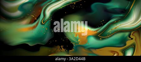 Green gold marble texture with flowing abstract shapes and ink swirls. Luxury background with elegant marbling effect in emerald colors and golden splashes and stains. Fluid art, liquid design. Stock Vector