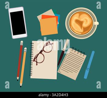 Coffee cup, paper sheets with smartphone, pens Stock Vector