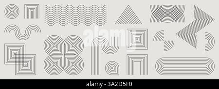 Mid century modern geometric elements set - abstract motifs with arches, circles, waves and stripes. Retro lines and shapes for architectural design. Minimal trendy decorative stylized ornaments pack. Stock Vector
