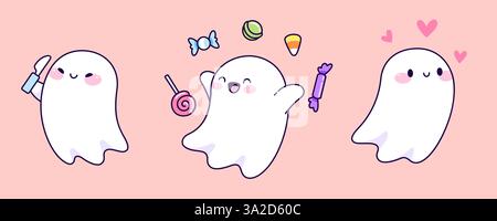 Cute kawaii ghost characters with pastel colors and simple shapes. Expressive faces with various emotions - happy, excited, in love. Adorable spooky cartoon illustration of Halloween design elements. Stock Vector