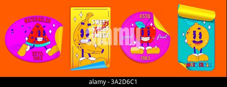 Retro fruit stickers set isolated on background. Vector cartoon illustration of retro banana, watermelon, lemon, apple mascots on bright patches, text labels for healthy food, summer poster design Stock Vector