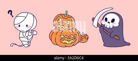 Cute kawaii Halloween characters - mummy ghost wrapped in bandages, carved jack-o-lantern pumpkins with fun faces, hooded grim reaper. Adorable spooky cartoon playful creatures in pastel colors. Stock Vector