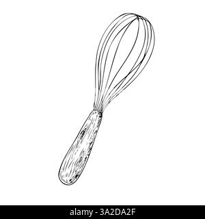 Vector hand whisk. Graphic ink wood kitchen tool illustration isolated on background. Hand drawn line sketch. For designers, prints, logo, icon, menu Stock Vector