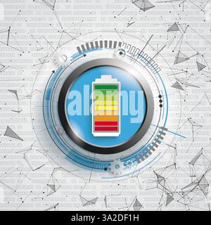 Network Smart Battery Button Abstract background with battery button, connected dots and data. Stock Photo