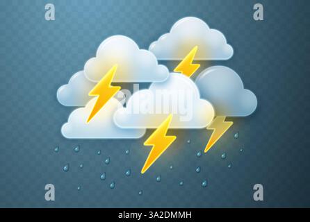 Clouds with lightning and raindrops isolated on dark background. Vector 3d illustration. Stock Vector