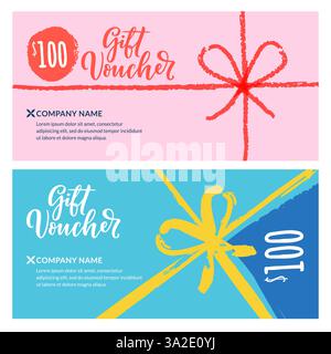 Gift card, voucher, certificate or coupon vector design template. Hand drawn crayon pencil, chalk bow ribbon on pink and blue background. Discount ban Stock Vector