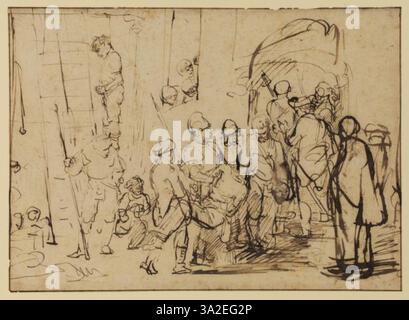 This painting depicts the bodies of Saul and his sons being taken down from the wall of Beth-Shan, emphasizing the solemnity of the biblical event. Stock Photo