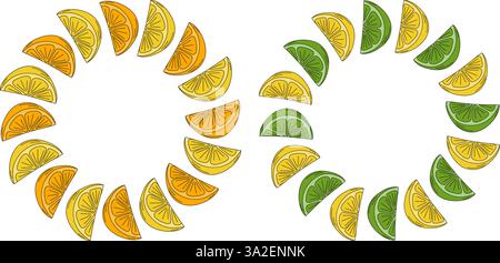 Orange Lemon and lime slices Circular Frame border Citruses fruits Copy space Template idea Set 2. Isolated Vector illustration Cover, posters, leaflets, banners, brochures, price tag, label or web Stock Vector