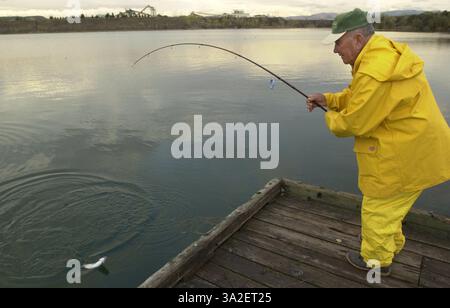 Nov 12, 2001; Pleasanton, CA, USA; After every good rainstorm comes a rainbow, as Raz Garza of Pleasanton reels in his fifth rainbow trout of the day at Shadow Cliffs Regional Park in Pleasanton, Calif., on Monday, Nov. 12, 2001. Garza said he started fishing around 3 p.m., and decided to fish from shore because of the rainy day rather than bring his boat to the lake. Stock Photo