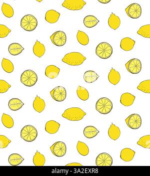 Lemons whole and cut seamless pattern. Vector graphic line ink yellow illustration on transparent background. fruit background for banners, print for Stock Vector