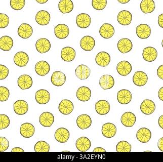 lemon slices Vector seamless pattern. Graphic line ink illustration hand drawn isolated on white background. art for food design, recipe, cook book, p Stock Vector