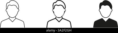 Man Line and Silhouette Icon Set. Basic Male Avatar Icon with Short Hair and Collar. Editable Stroke. Isolated Vector Illustration Stock Vector