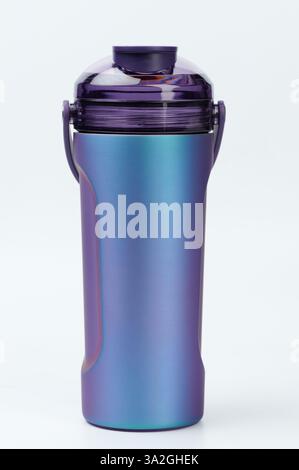 Blue metal shaker bottle front view isolated on white studio background Stock Photo