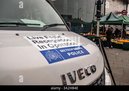 LONDON- FEBRUARY 11  2025:Live facial recognition in operation outside Shepherds Bush station in west London Stock Photo