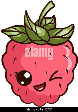 Pink raspberry with leaves. Vector cartoon kawaii illustration isolated on white background. ?haracter illustration for posters, package, textile desi Stock Vector