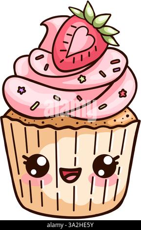 Appetizing kawaii cupcake with pink cream and sweet strawberries on top. Vector illustration in cartoon kawaii style on white background. Cute dessert Stock Vector