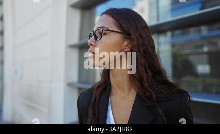 Young woman with glasses standing outdoors in an urban setting, looking sideways, with a cityscape background and wearing a black blazer Stock Photo