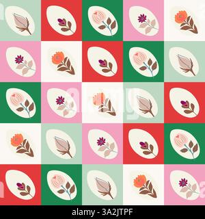 Seamless checkered pattern with bright Easter eggs decorated with flowers inside in different bright shades. Stock Vector