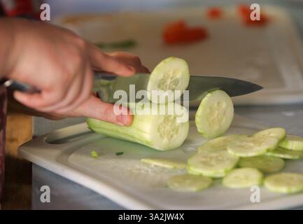 May 19, 2014 - Everett, WA, USA - Charity Edwards' daughter, Riitta Edwards, 11, slices cucumbers for the side salad for dinner on Monday, May 19, 2014, in Everett, Wash.  Sen. Patty Murray (D-WA) proposed legislation Wednesday, May 21, 2014, to give poor families $150 per child to spend on food during the summer months. (Credit Image: © Kevin Fujii/MCT/ZUMAPRESS.com) Stock Photo