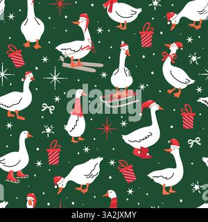 Winter Christmas pattern with white geese, Christmas design on green background .Vector illustration Stock Vector